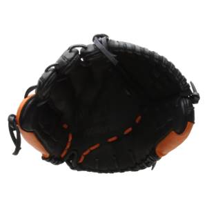 Top-down view of a black and orange baseball glove with orange stitching and a Mizuno logo.