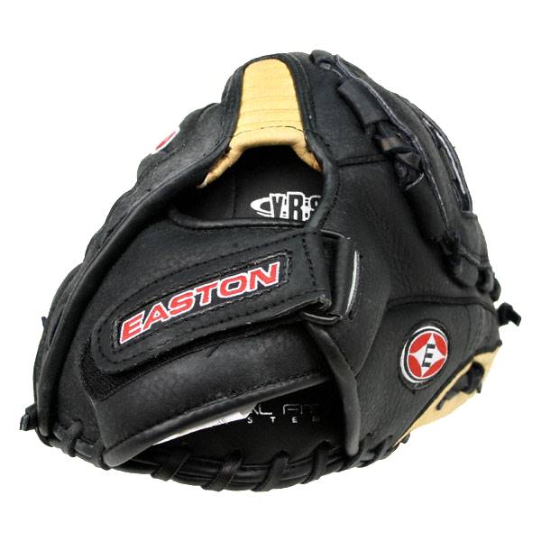 Front view of a black Easton glove with red EASTON text and a circular logo.