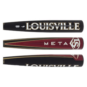 Top view of a black Louisville Slugger Meta baseball bat with white text and gold accents.