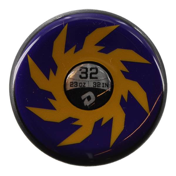 Top-down view of a purple baseball bat with a yellow sunburst design and 32 23 OZ 32 IN text.