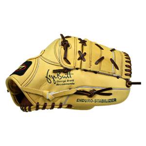 Side view of a tan baseball glove with George Brett Recommends and ENDURO-STABILIZER text.