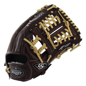 Front view of a brown Louisville Slugger baseball glove with tan lacing and Pro Flare text.