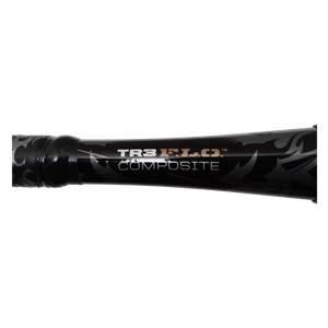 Close-up of a black baseball bat with TR3 FLEX COMPOSITE text and flame graphics.