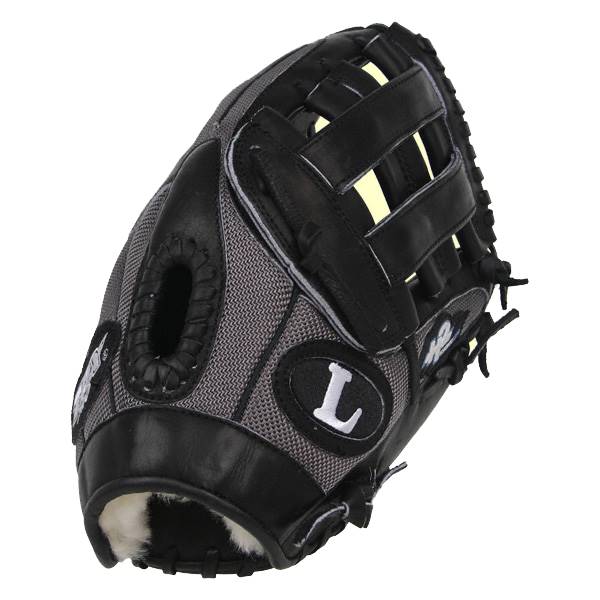 Side view of a black and gray baseball glove with a white L logo and H2 branding.