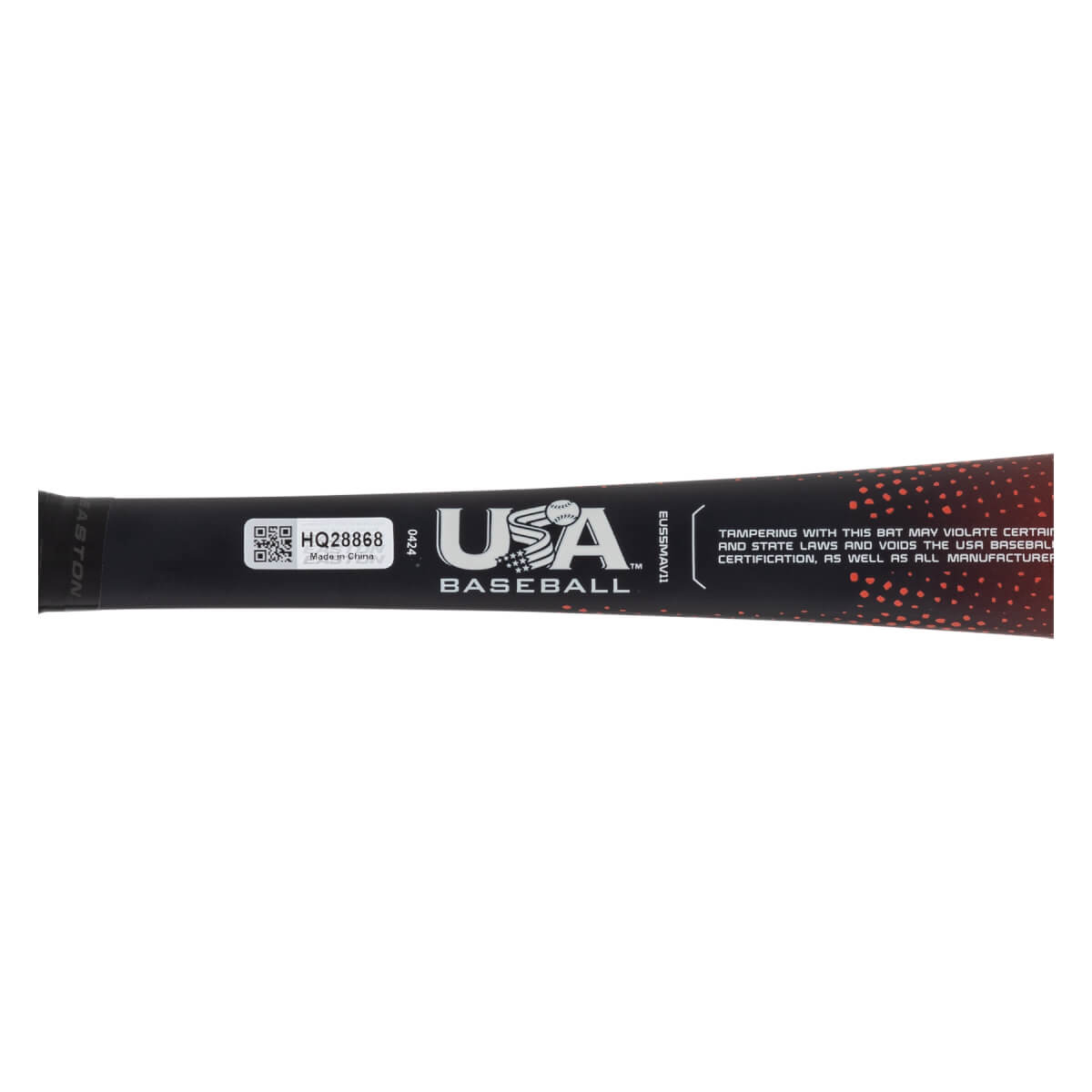 Close-up side view of a black Easton baseball bat with a USA Baseball logo, QR code, and red speckled pattern.