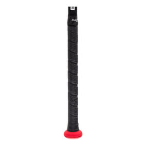 Close-up of a black fastpitch softball bat handle with textured grip, a red knob, and FLO text.