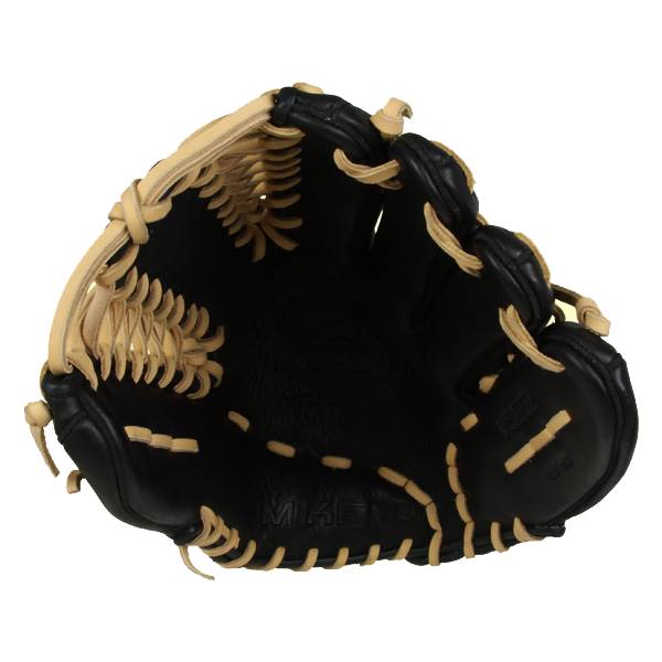 Top-down view of a black baseball glove with tan lacing and MIKEN text.