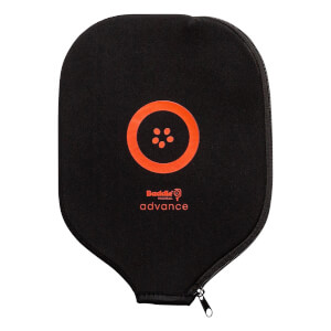 Front view of a black pickleball paddle cover with orange Baddle Pickleball Advance logo and circular design.