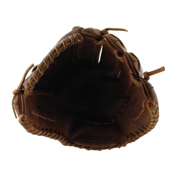 Top-down view of a brown leather softball glove with Nokona branding and visible lacing.