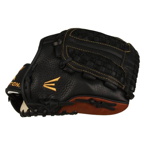 Side view of a black Easton glove with brown accents and yellow stitching.