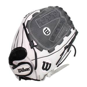 Corner view of a white and gray Wilson fastpitch softball glove with black lacing and two Wilson logos.