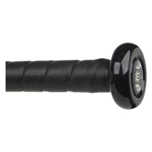 Close-up of a black softball bat grip with a spiral texture and a black end cap with Easton branding.