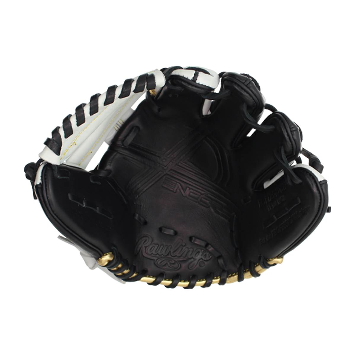 Interior view of a black baseball glove with white lacing and gold accents.