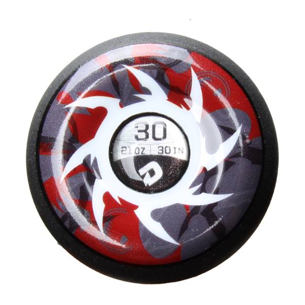 Top-down view of a red, black, and gray baseball bat end cap with white tribal graphics and 30 21 OZ 30 IN text.