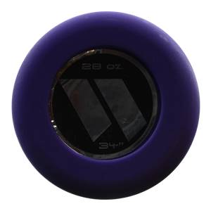 End cap view of a purple softball bat with 28 oz. and 34 markings.