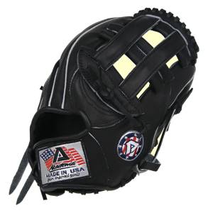 Front view of a black baseball glove with white stitching and two circular logos.