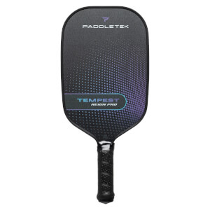 Front view of a black pickleball paddle with PADDLETEK and TEMPEST REIGN PRO text and a purple gradient design.