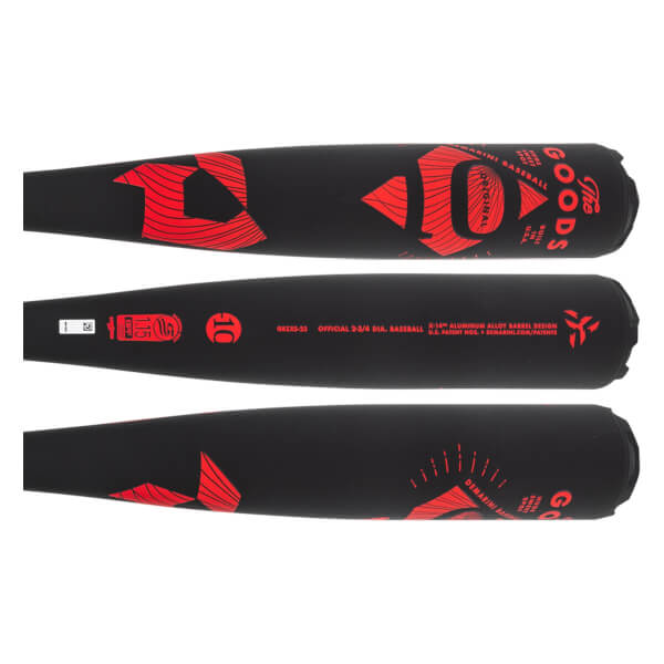 Side view of a black baseball bat with red The Goods branding and 10 logo.