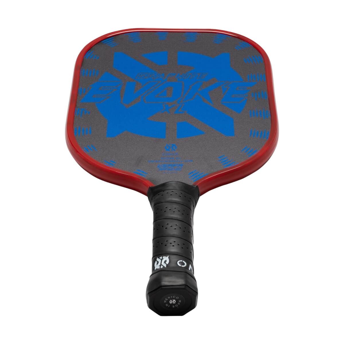 Top-down view of a red pickleball paddle with a gray face, blue EVOKE graphic, and black grip.