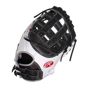 Top-down view of a white and black baseball glove with a red Rawlings logo and black lacing.