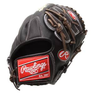 Front view of a brown baseball glove with white stitching and a red Rawlings logo patch.