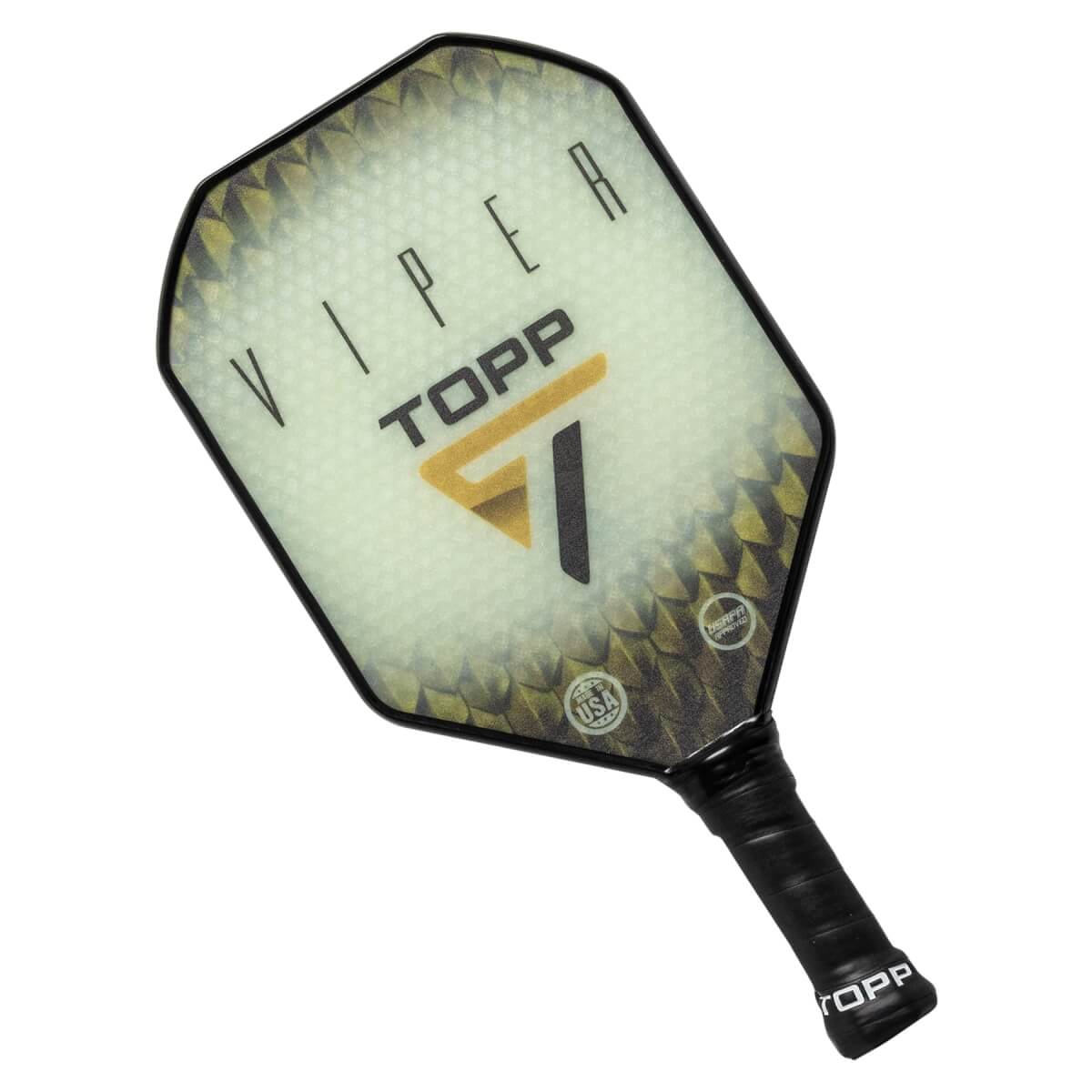 Top-down view of a white pickleball paddle with VIPER and TOPP text, a triangular logo, and a fish scale pattern.