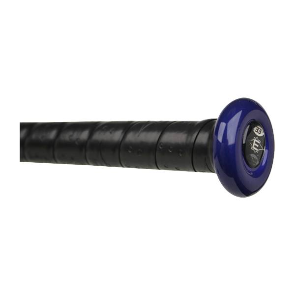 Side view of a black baseball bat with a blue end cap and Easton branding.