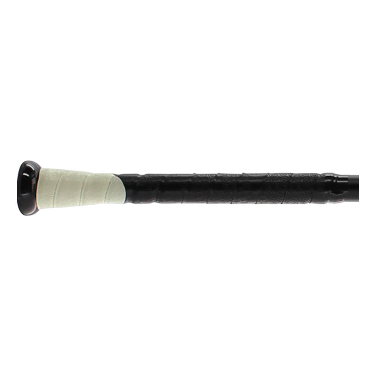 Side view of a black baseball bat with a white grip and black end cap.