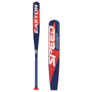 Side view of a navy blue baseball bat with EASTON in white on red, a blue grip, and a separate barrel detail showing SPEED COMP.
