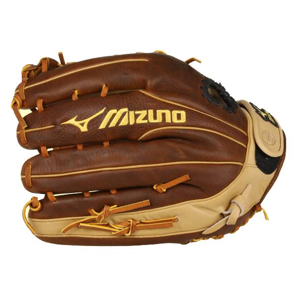Side view of a brown baseball glove with tan accents and yellow Mizuno branding.
