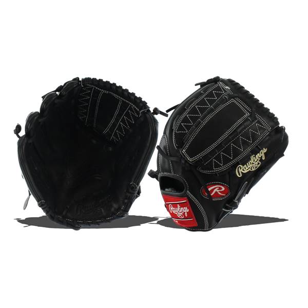 Front view of black baseball gloves with white stitching, Rawlings branding, and red accents.