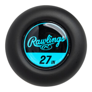 End view of a black baseball bat with a Rawlings logo and 27 IN text.