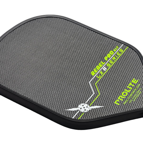 Corner view of a black pickleball paddle with a textured surface, REBEL PRO XLT LX II SERIES text, and a Prolite logo.