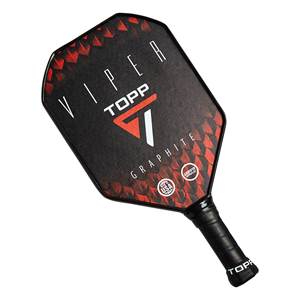 Top-down view of a black pickleball paddle with red geometric accents, VIPER TOPP GRAPHITE text, and USAPA approval logos.