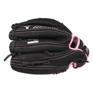 Side view of a black fastpitch glove with pink stitching and a Mizuno logo.