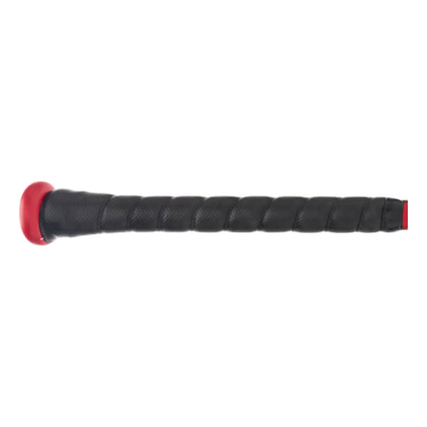 Close-up of a black baseball bat grip with a red end cap and textured spiral pattern.