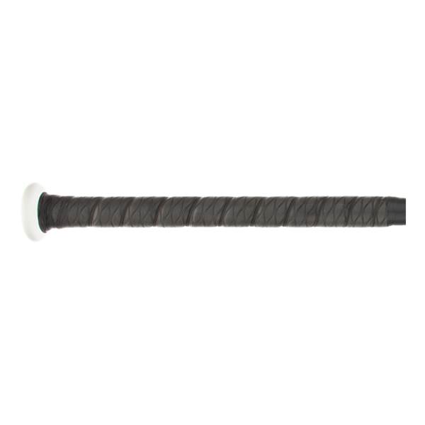 Side view of a white and black Easton Ghost Double Barrel -8 Fastpitch Softball Bat with a textured black grip.
