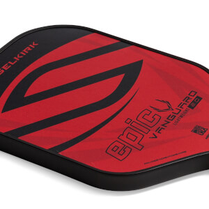 Corner view of a red and black pickleball paddle with epic VANGUARD 2.0 text and a black edge.