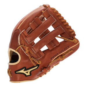 Side view of a brown baseball glove with PRO SELECT text and a gold Mizuno logo.