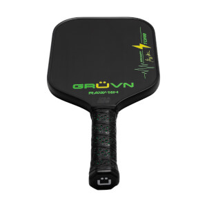 Front view of a black GRUVN pickleball paddle with green GRUVN RAW-16H branding and a lightning bolt graphic.
