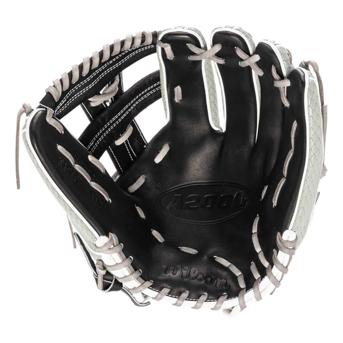 Front view of a black Wilson A2000 FP75 softball glove with grey snakeskin accents, white laces, and "A2000" and "Wilson" embossed on the palm.
