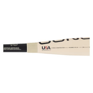 Close-up of a black, beige, and off-white baseball bat showing ribbed grip, USA Baseball logo, and model details.