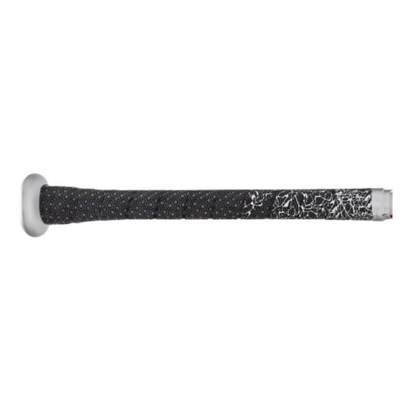 Side view of a black baseball bat with a patterned grip and silver end cap.