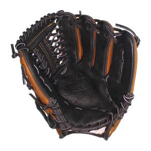 Top-down view of a black and tan baseball glove with detailed lacing and a textured palm.