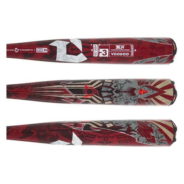 Top view of a red baseball bat with white and gray graphics, showing VOODOO and -3.
