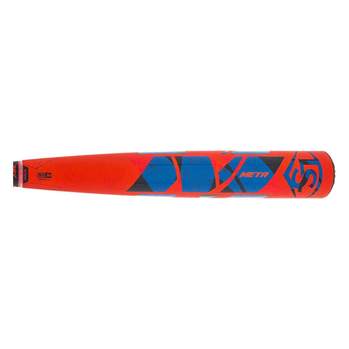 Side view of an orange baseball bat with blue geometric patterns and the word META.