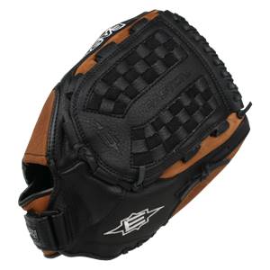 Corner view of a black and brown baseball glove with a checkered web and Easton branding.