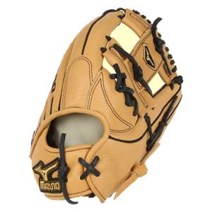 Top-down view of a tan baseball glove with black lacing and a Mizuno logo.