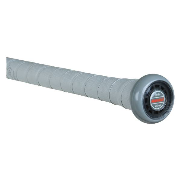 Close-up of a gray baseball bat grip with a black end cap showing 30 in and 25 oz.