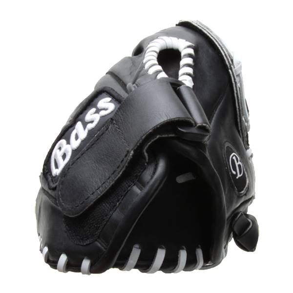 Side view of a black baseball glove with white stitching and Bass logo.